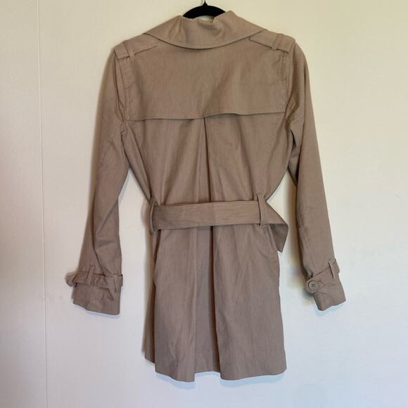 Sandro Tan Trench Coat Jacket Belted Double Breasted Striped Short - Picture 4 of 15